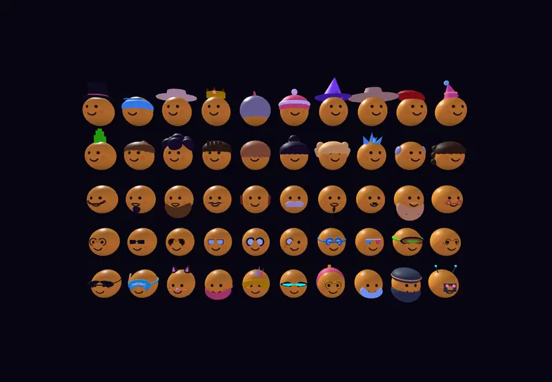 Dezenas de bolas com chapéus, cabelos, barbas, óculos e máscaras